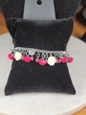 Paparazzi Silver Chain Charm Bracelet with Pink Beads and Cream Rose Accents
